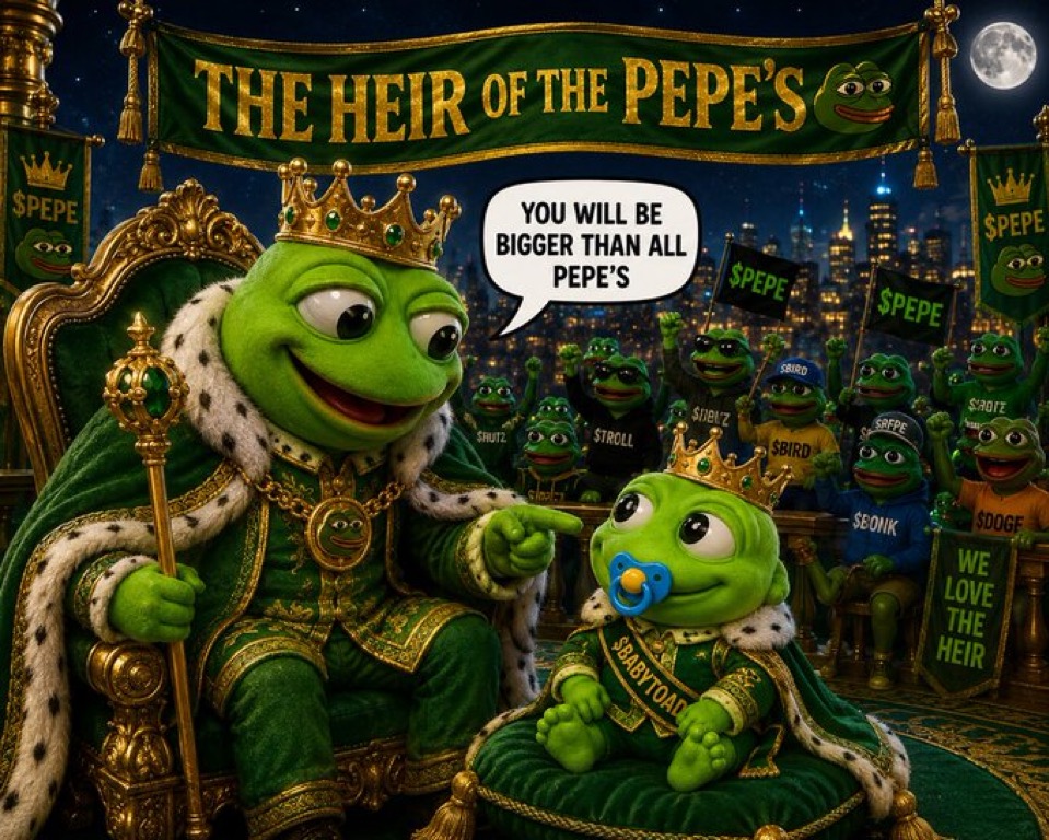 King Pepe on his throne telling the crowned baby toad heir he will be bigger than all Pepes