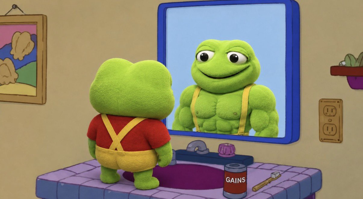 Baby toad seeing a buff Pepe in the bathroom mirror next to a can of GAINS