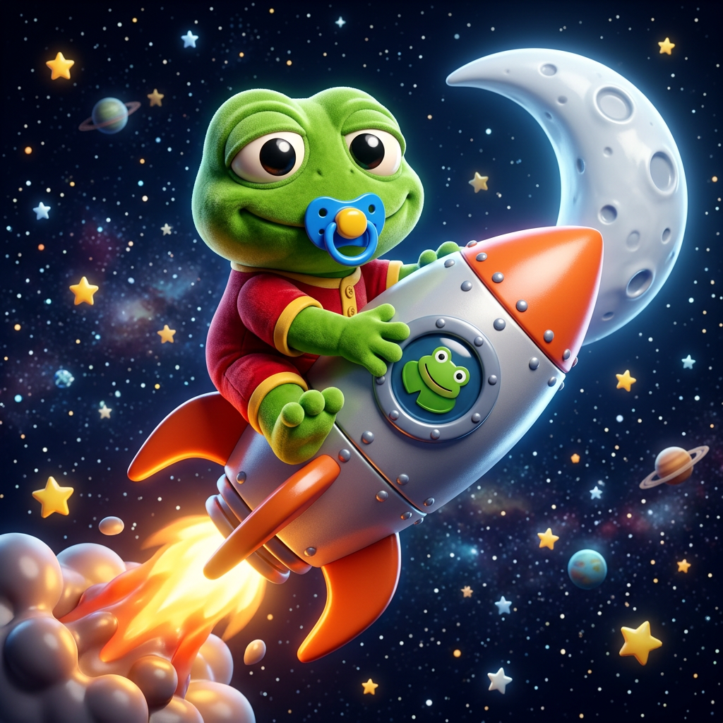 Baby Toad Pepe crying happy tears at a rocket