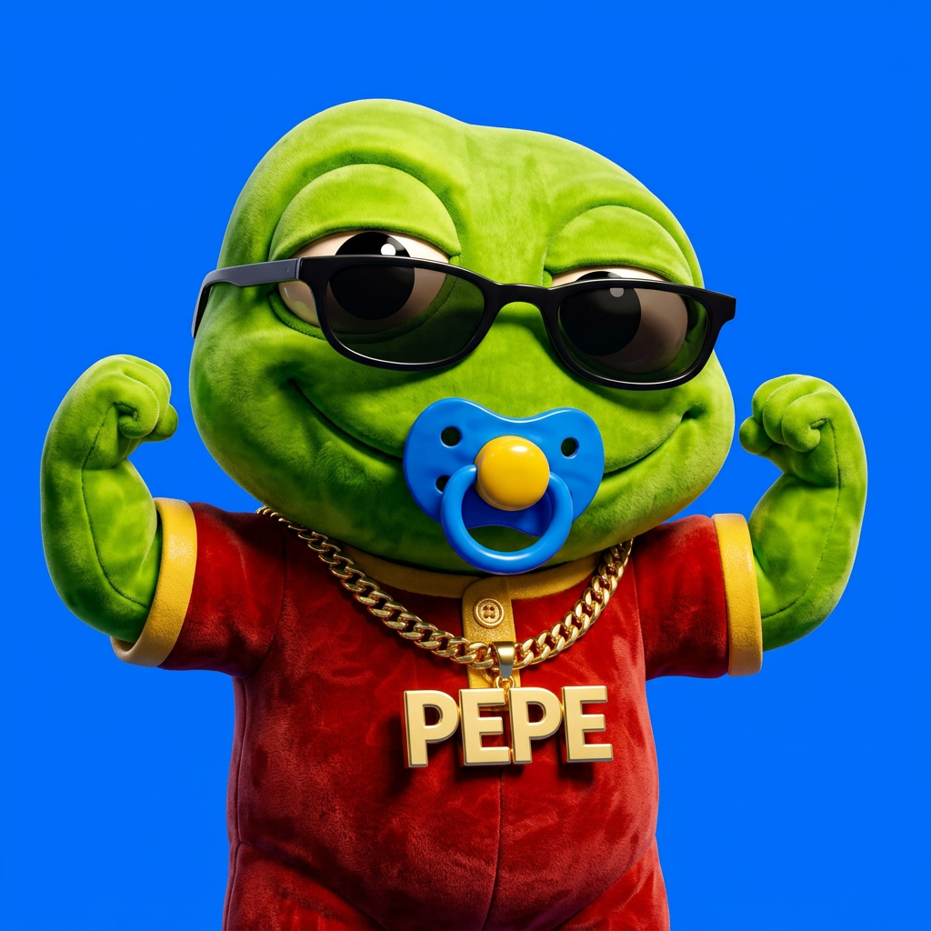 Baby Toad Pepe flexing on a lily pad gym bench