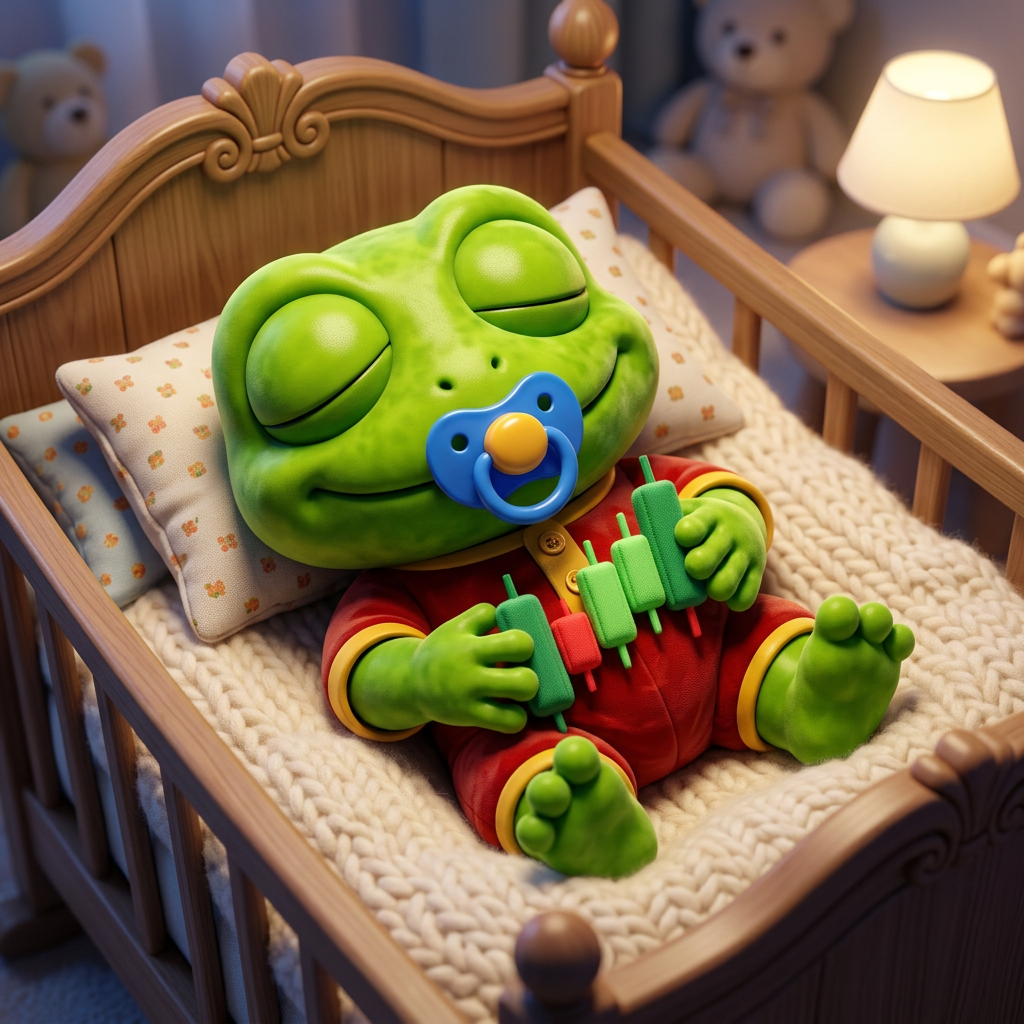 Baby Toad Pepe asleep in a leaf hammock